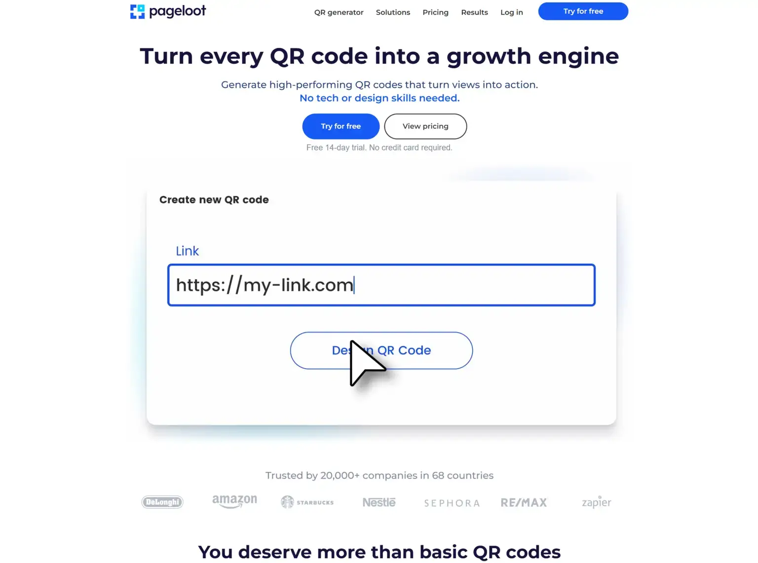 PageLoot QR Code Generator platform screenshot